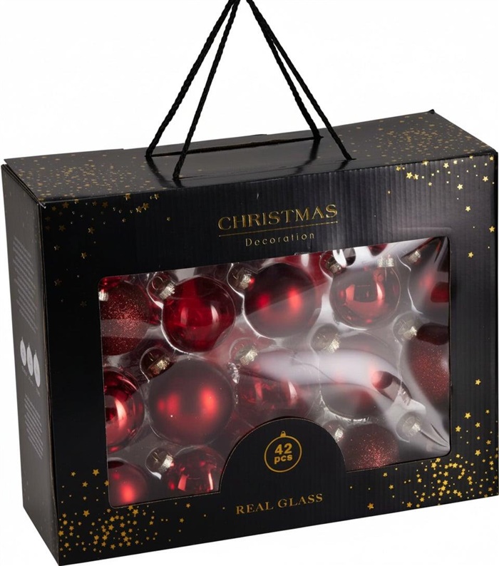SET OF GLASS ORNAMENTS RED 42PCS