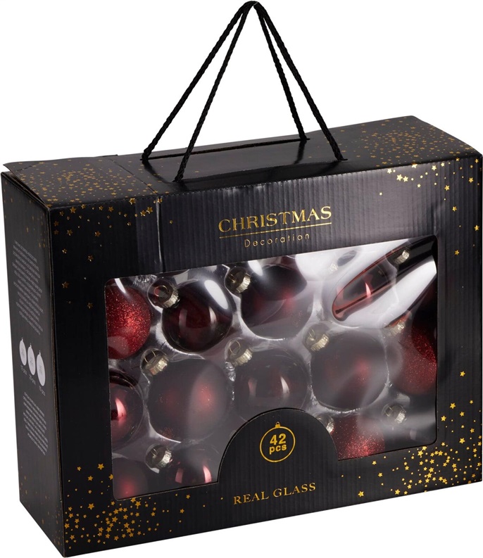 SET OF GLASS ORNAMENTS BURGUNDY 42PCS