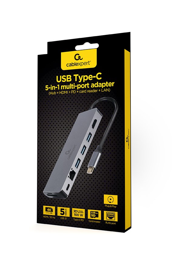 Gembird A-CM-COMBO5-05 USB Type-C 5-in-1 multi-port adapter (Hub + HDMI + PD + card reader + LAN) adapteris