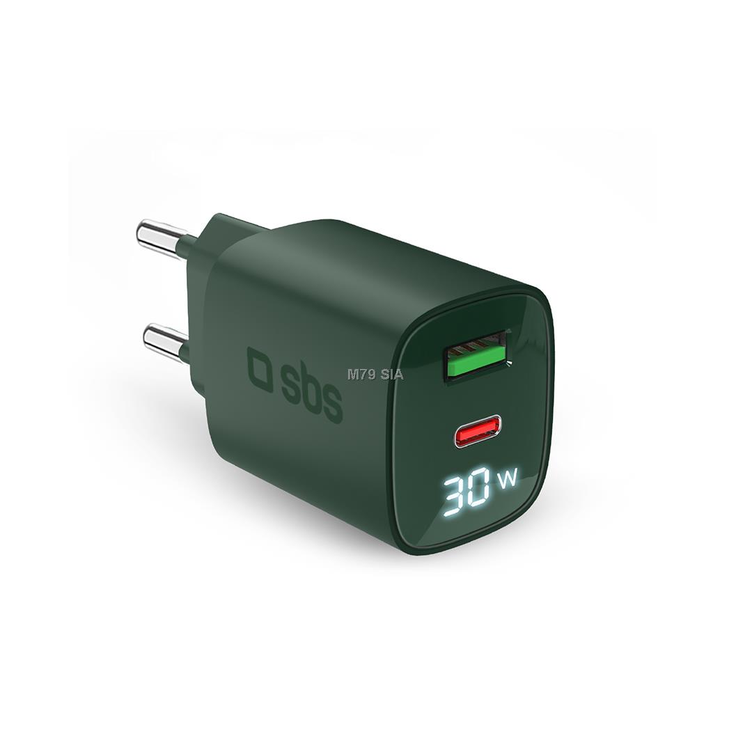 SBS LCD Wall Charger, USB-A, USB-C, LCD, 30 W, zala - Ladetajs