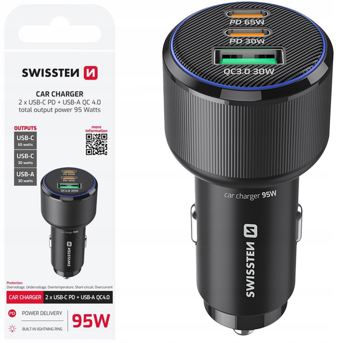 Swissten Auto Lādētājs 2x USB-C PD / USB / 95W