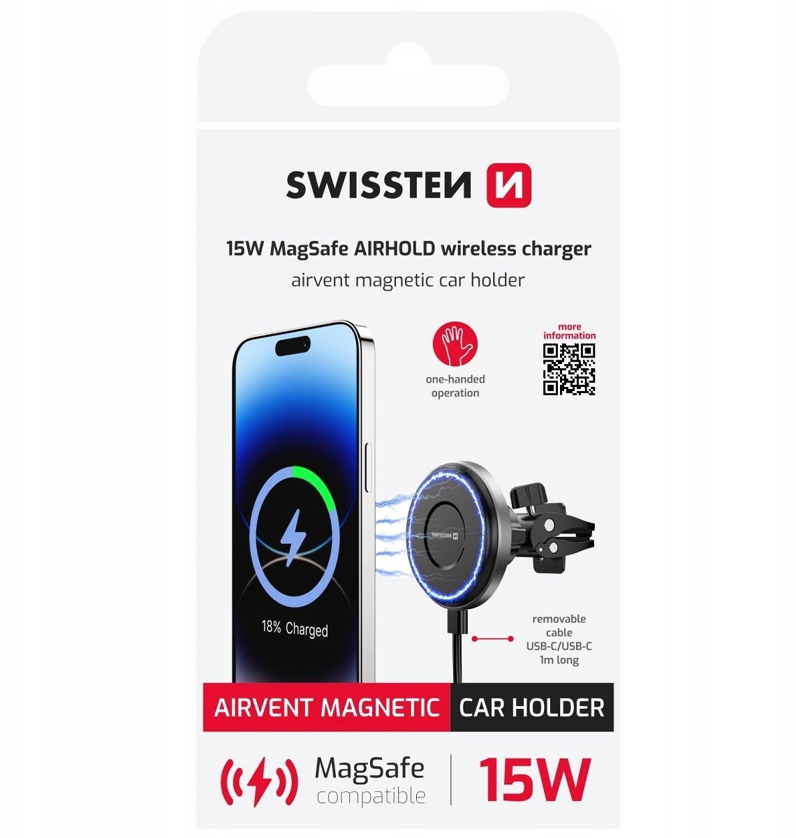 Swissten Airhold Magnētiskais Automašīnas Turētājs ar Bezvadu Lādētāju 15W / 7.5W (saderīgs ar MagSafe) Mobilo telefonu turētāji