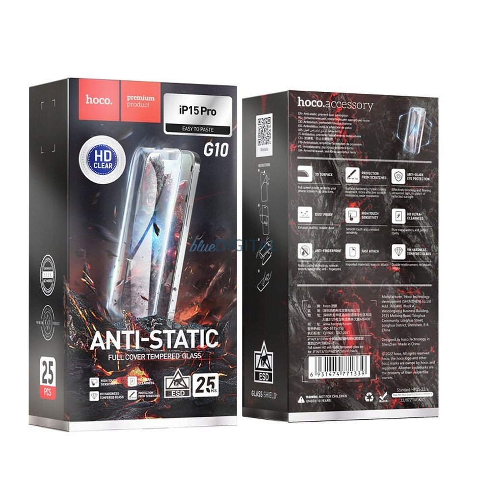 Hoco Szklo hartowane do iPhone 15 PRO Hoco HD Anti-static 25 sztuk G10 15289310 (6942007607339) aizsardzība ekrānam mobilajiem telefoniem