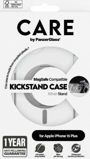 PanzerGlass CARE by PanzerGlass Kickstand Case iPhone 15 Plus 6,7'' MagSafe srebrny/silver 1416 1416 (5715685005510) maciņš, apvalks mobilajam telefonam PanzerGlass CARE by PanzerGlass Kickstand Case iPhone 15 Plus 6,7'' MagSafe srebrny/silver 1416 1416 (5715685005510) maciņš, apvalks mobilajam telefonam