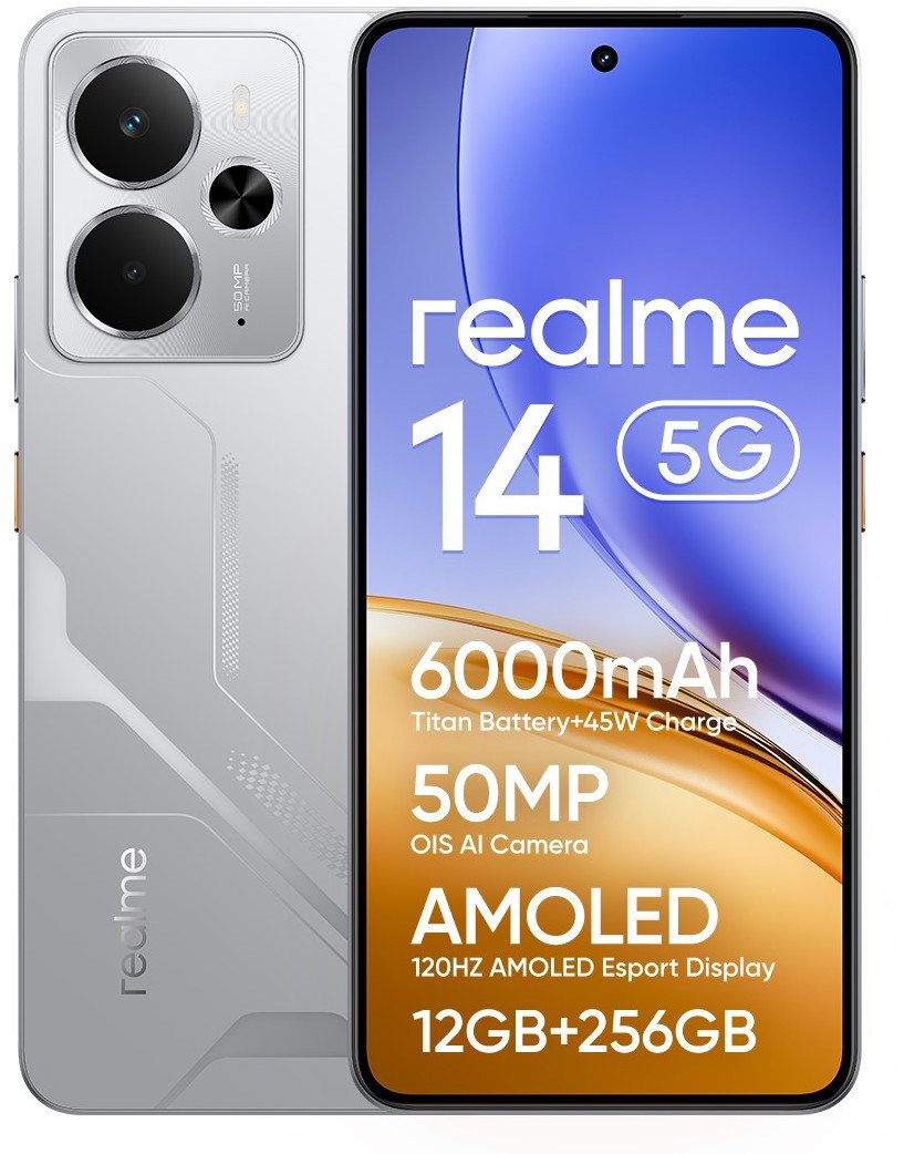 realme 14 16,9 cm (6.67'') Android 15 5G 12 GB 256 GB 6000 mAh Srebrny 631011005626 (6941764456655) Mobilais Telefons