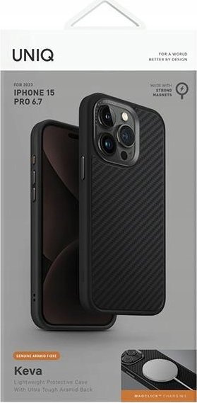 UNIQ etui Keva iPhone 15 Pro Max 6.7" Magclick Charging czarny/carbon black Mobilais Telefons