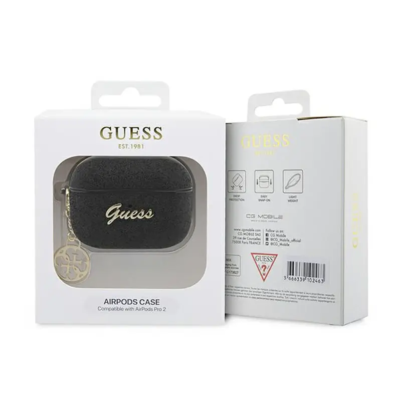 Guess GUAP2GLGSHK AirPods Pro 2 cover czarny/black Glitter Flake 4G Charm Mobilais Telefons