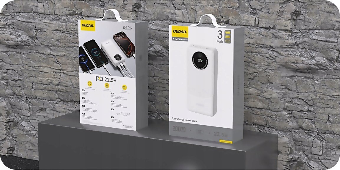 Dudao K12Pro powerbank 20000mAh 22.5 Watt Sort Mobilais Telefons