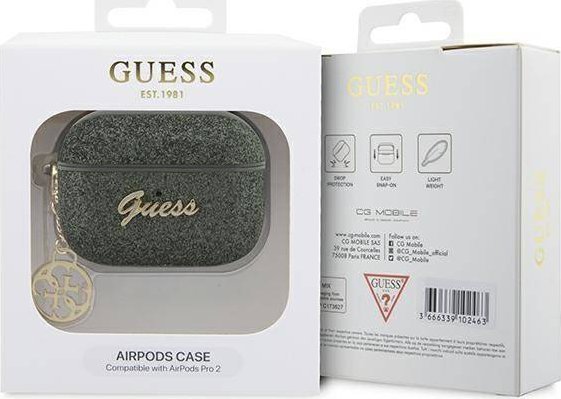 Guess GUAP2GLGSHA AirPods Pro 2 cover zielony/kaki Glitter Flake 4G Charm Mobilais Telefons Guess GUAP2GLGSHA AirPods Pro 2 cover zielony/kaki Glitter Flake 4G Charm Mobilais Telefons